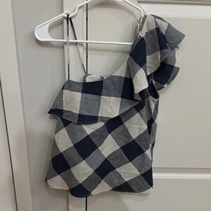 Zara Navy and White Checkered One-Shoulder Blouse